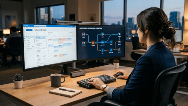 A professional organizing their workflow using AI automation tools on dual monitors.