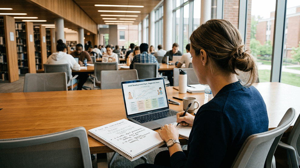 An adult student at Academy of Learning Brampton West studying child development courses on a laptop in a bright, modern learning environment.