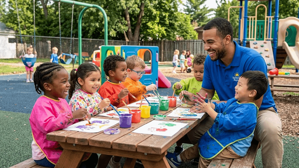 An Early Childcare Assistant guiding toddlers through a fun outdoor art activity at a safe, vibrant daycare playground